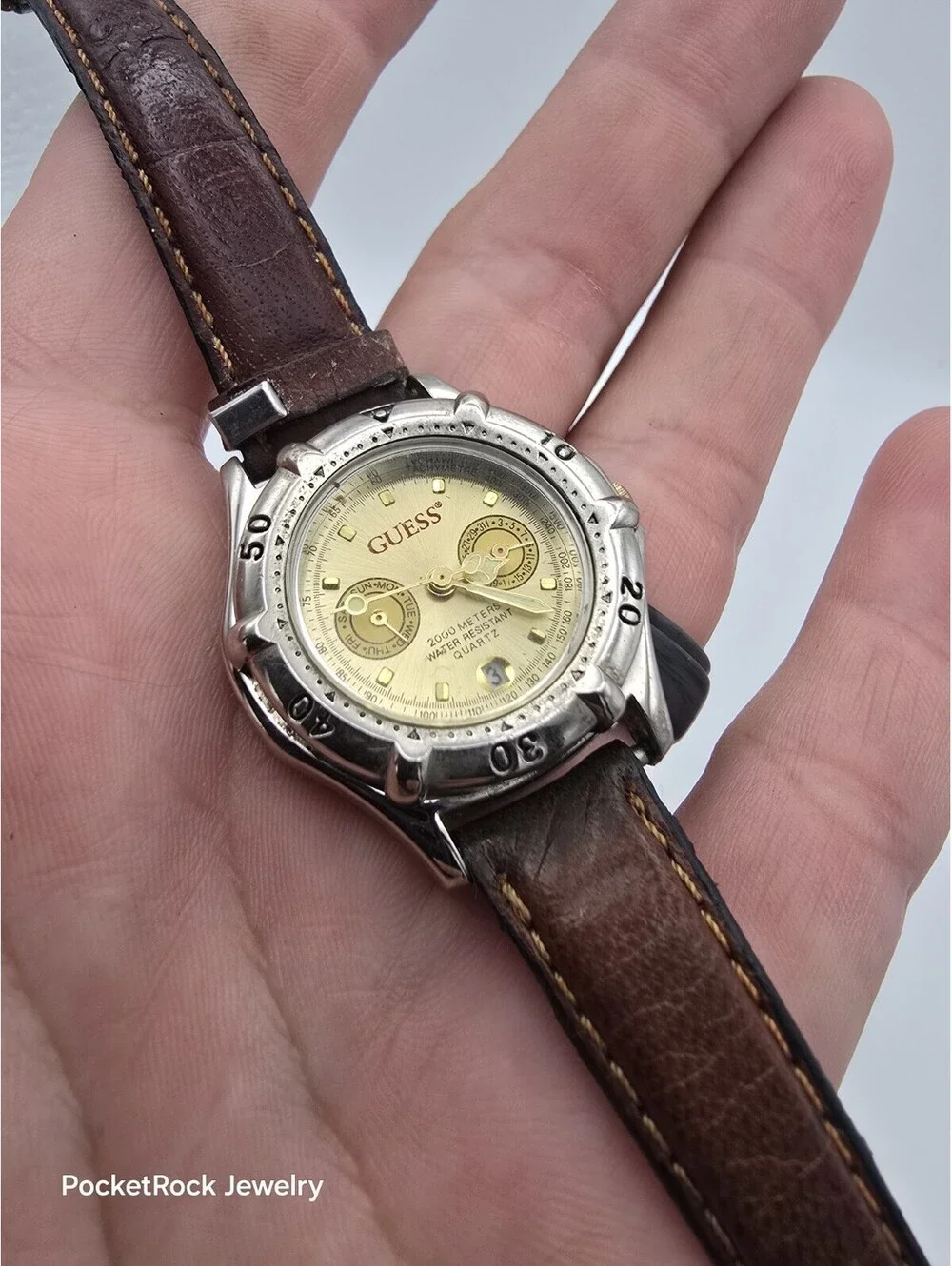 Guess Multifunction Gold Dial Day Date Tachymeter Brown Leather Quartz Watch